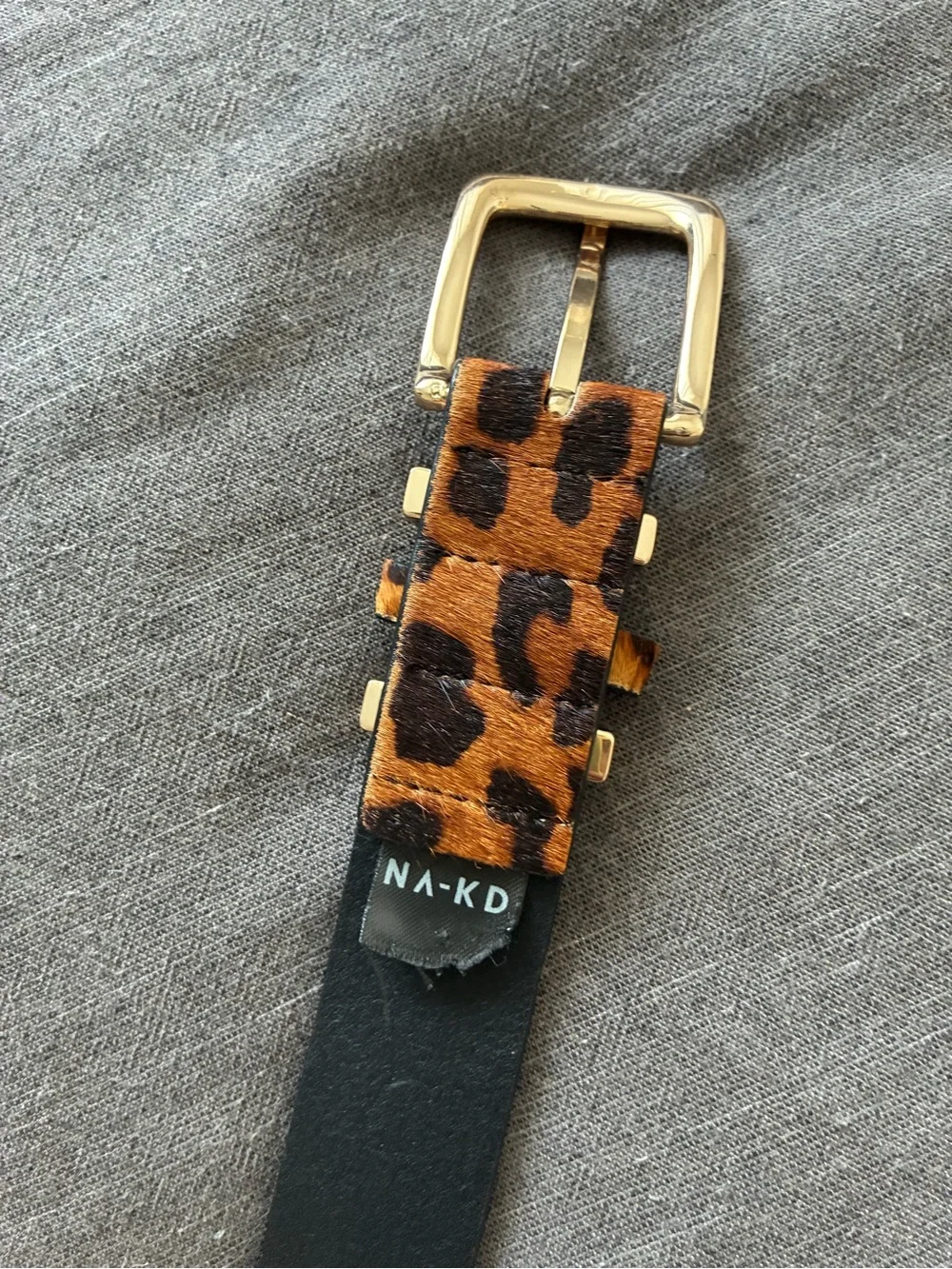 NA-KD Leather Leopard Print Calf Hair Belt with Gold Buckle